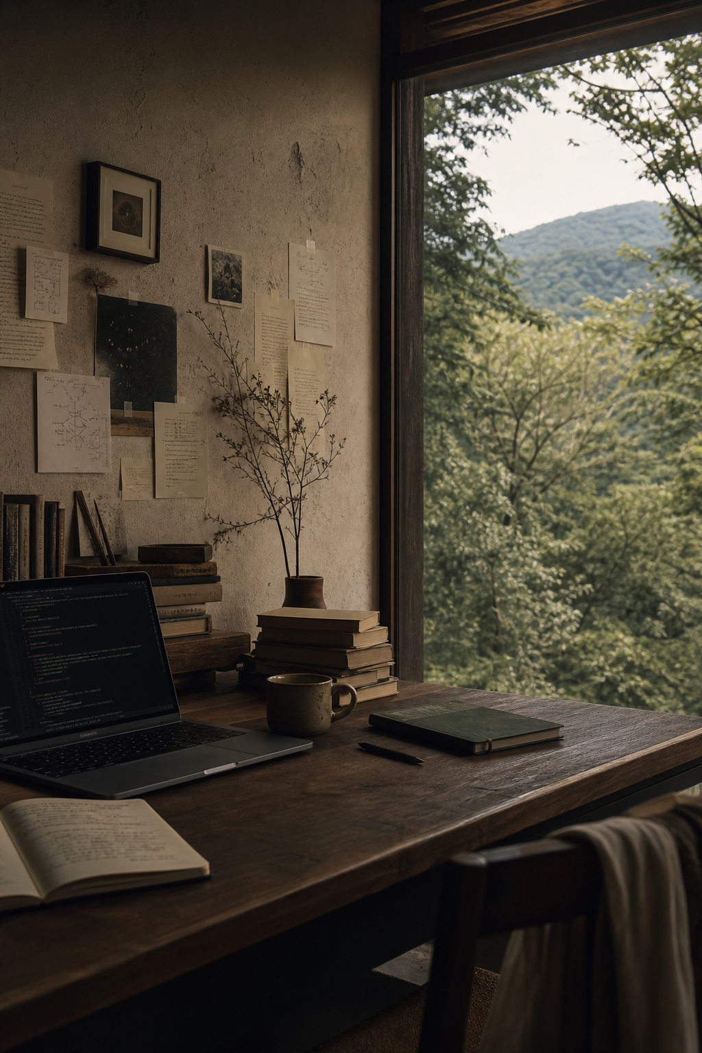 Escritorio de trabajo sereno con cuadernos, libros y código frente a un paisaje natural